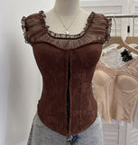 Real Shot Lace Splicing Mesh Yarn Bra Vest Summer Hook Buckle Fish Bone Girded Short Shirt 2878