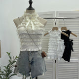 Real Shooting Guangzhou Women's Clothing Hanging Neck Vest Bow Layer Lace Splicing Short Sleeveless Top 2858
