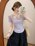 Sweet Purple Collar Folded Waist Short-Sleeved T-Shirt 2026 Summer New Slimming Hottie Short Top