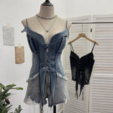 Real-Hand Shot Vintage Babes With Thaired Hairy Denim Sling Vest Short Umbilly Sleeveless Top 2690