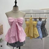 Real Shooting A Variety Of Wearing Striped With Bows Hanging Neck Bra Vest With Chest Cushion Lattice Sleeveless Short Top 9227