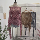 Vintage Lattice Mesh Long-Sleeved T-Shirt Irregularly Drifted Y2k Oblique Shoulder Short Top 8073