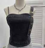 Spice Girls Slanted Shoulder Jeans Slings Vests Women Wearing Irregular Buckle Short Sleeveless Top 653