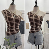 Real-Slender Mesh Slant Shoulder Lattice Sling Sling Waist Strap With Short Shoulderless Sleeveless Top 8075