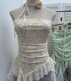 Real Shot With Hanging Neck Flower Braid Vest Dye Mesh Irregular Lace Ribbon Sleeveless Top 1596