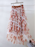 Vintage Tie-Dye Ink-Print Mesh Cake Skirt Long Dress Gradient Color Yarn Skirt A Word Fluffy Long Skirt