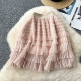 Hepburn Style Simple Solid Color Mesh Dress High Waist Tight Thin Design Careful Hot Girl Cake Skirt