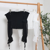 One-Word Collar Shoulder Chiffon Shirt Niche Design Loose Folds Short-Sleeved Collared Billed Ears Long-Sleeved Belt Coat