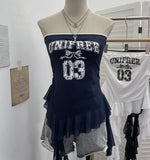 Real Shooting Retro Letter Print Bump Color Palette Vest Body Splicing Mesh Yarn With Hottie Top 8089