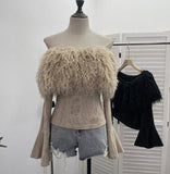 Sexy Wind Shoulder Hair Knitted Shirt Girl Short To Make Old Broken Long-Sleeved T-Shirt Top 2988