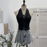 Real Shoot Water Wash Denim Front Open Lashing Neck Bare Back Small Sling Vest Deep V Spice Girls Short Blouse 2852