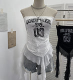Real Shot With Anti-Slip Letter Print Chest Vest Tsets Lace Splicing Mesh Yarn Irregular Top 1233