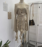 Real Shooting Waste Soil Wading Lotus Leaf Side Tuxeds A Word Shoulder Grinding To Make Old Long-Sleeved Bag Hip Dress 9627