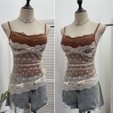 Real Shooting Holiday Style Hottie Fake Two Lace Splicing Mesh With Tector-Tie Sling Vest Tau