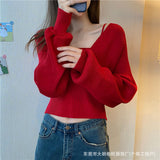 Design Sense V-Neck Fake Two Short Knitted Shirt Girls Beware Of The Machine Collar Bone Thick Sweater Long-Sleeved Top