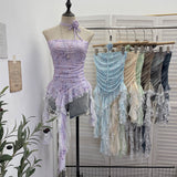 Real Shot With Hanging Neck Flower Braid Vest Dye Mesh Irregular Lace Ribbon Sleeveless Top 1596