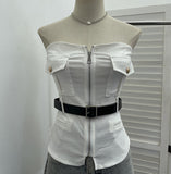 Real Shooting Hottie Zipper Open Shirt Bra Vest Female Feel Slightly Through The Repair Of The Short Sleeveless Top With Belt 6172