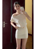 Super Nice Beautiful White Knitted Shoulder Short Sleeve Dress Gentle Korean Temperament Pocket Ass Short Skirt