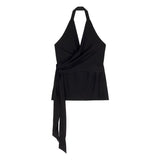 Temperament Black Bare Back Hanging Neck Sleeveless Shirt Women Summer Belt Design Feel Shirt Chic Niche Top