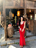 French Pure Desire Sister Wind V Tie Dress Women Summer Seaside Vacation Hip Sexy Red Temperament Dress