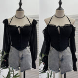 Real Shooting Explosion Two-Word Shoulder Hanging Neck Sling Shirt Irregular Horn Sleeve Chiffon Top 8873