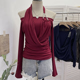 Real Shooting Hottie Shoulder Bead Hanging Neck Cross-Neck Wrinkles Two Long-Sleeved Tops To Repair T-Shirt 2861