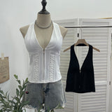Real Shot With Chest Pad Hanging Neck Sling Sling Zipper Open Shirt Low Breast Sexy Hot Girl Short Top 2810