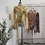 Real Shot A Word Shoulder Collar Long Sleeve Broken Hole Knitted Shirt Shirt Slightly Through The Hollow Irregular Ribbon T-Shirt Girl 8098