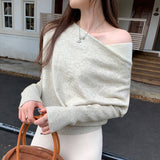 Great-Looking Light Temperament Slanted Shoulder Long-Sleeved Knitted Shirt Woman 2025 New Texture Early Autumn Design Feel Top