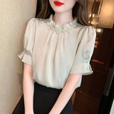 Summer New High-End Loose Thin Temperament Short-Sleeved Shirt Female Small Lotus Leaf-Side Shirt Shirt