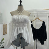 Han Jie Pure Want To Hang The Neck With A Word Shoulder Long Sleeve Blouse Folded Short Chiffon Shirt Female 9635