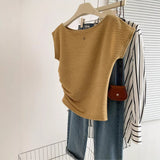 Real Shooting French Texture Folded T-Shirt Design Small Thin Word Collar Collar Collar Collar Collar Collar Short Blouse
