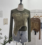 Design Feel Niche Cowboy Splicing Long-Sleeved Mesh T-Shirt Girl Summer Round Collar Dress Short Top 2617