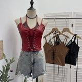 Real Shooting Locomotive Punk Pu Splicing Fishing Net Hanging Neck Sling Vest Babes Wearing Rope Repair Short Blouse 8106