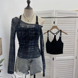 Real Shooting Spice Girls Spring Body Velvet Lattice Print Mesh Two Sets Of Long-Sleeved Tops Short Slings 2827