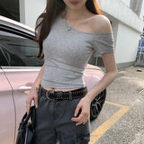 Bring Your Own Breast Pads With A Slanted Shoulder White Short-Sleeved T-Shirt For Summer 2025 New Niche Unique Beauty Short Top