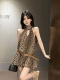 Vintage Babes Leopard Hanging Neck Dress Women's New Thin Waistless Sleeveless Skirt A Short Skirt