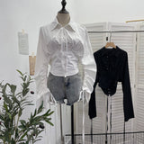 Dark Belted Long-Sleeved Shirt Women's Spring And Autumn Collar Rope Sleeves Contour Shaped Short Top 2775