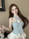 Small Fragrant Flower Hanging Neck Sling Vest Woman Summer Sweet Hot Girl Shoulder Tsets Chic Beauty
