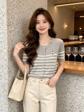Korean Embroidered Striped Short-Sleeved Knitted Cardigan Women 6 Summer Fat Mm Thin Age-Dated Bottom Shirt Top