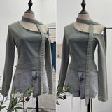 Autumn Spice Girls Slant Shoulder Cowboy Shirt Design Sense Of The Neck With Long Sleeves And Short-Term Repair Bodysuit 2668
