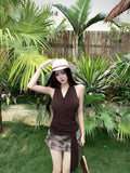 Vintage Babes Brown Hanging Neck V-Neck Vest Woman Summer Design Sense Bottom Slimming Strap Coat Wear