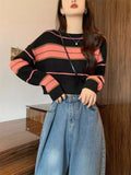 Short Knitted Shirt Women Spring Autumn Korean Chic Style Wearing Striped Hit-Bottomed Shirt Lazi Long-Sleeved Top