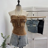 Summer Water Wash Side Cowboy Bra Vest Pocket Irregular Tight Tight To Take A Short Top 6602