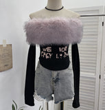 Real Shot Removable Hairy Collar Shoulder Long-Sleeved T-Shirt Repair Body-Wearing Short Thai Tie Top 1370