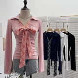 Real Shoot Spice Girls V-Neck Bow Tie With Long-Sleeved T-Shirt Slime Thin Velvet T-Shirt 1387