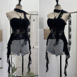 Real Shooting Street Lace Tectory Hottie Wearing Chest Pad Sexy Irregular Ribbon Sleeveless Top 8077