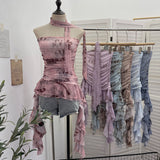 Real Shooting Spice Girls Irregular Lotus Leaf Side Ribbon With Non-Slip Strip Mesh Printing Chest Vest 8037