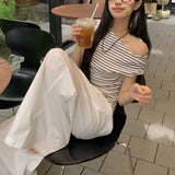 Small Design With A Slanted Shoulder Short-Sleeved T-Shirt Hottie Slimming Alone Special To The Side-Striped Top Summer