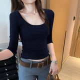 Lyselle Tians Summer Commute Beautiful Black U-Neck Middle-Sleeved T-Shirt Woman 2025 New Unique Beautiful Little Top